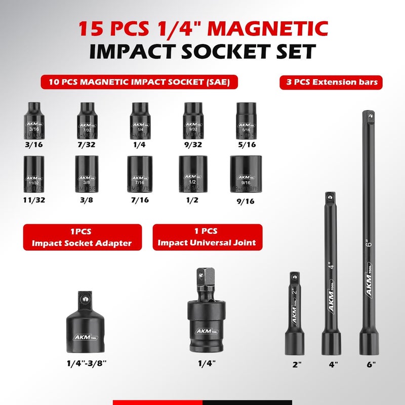 AKM TOOL 1/4 Inch Drive Magnetic Impact Socket Set, 15-Piece SAE, 1/4 Inch-9/16 Inch, 6 Point, Cr-Mo, Square Drive, Magnetic Socket with Impact Socket Adapter, Universal Joint & Extension - Image 2